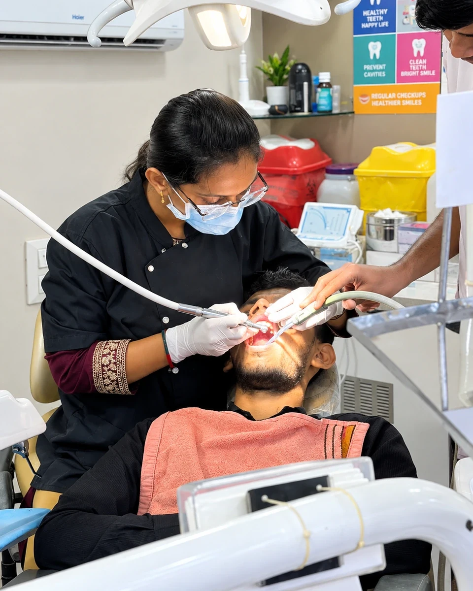 Dentist providing focused chairside treatment at Gandhi Dental Clinic