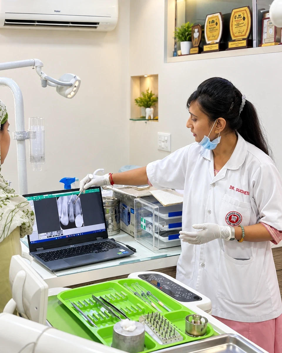 Dr. Suchita Shah explaining a digital X-ray to a patient